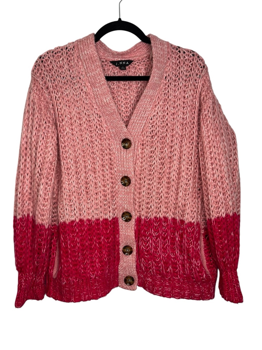 J.NNA Women’s Chunky Knit Pink Hot Pink  Cardigan Pockets Oversized Size Small